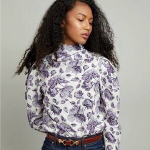 Floral High-Neck Blouse in Purple and White
